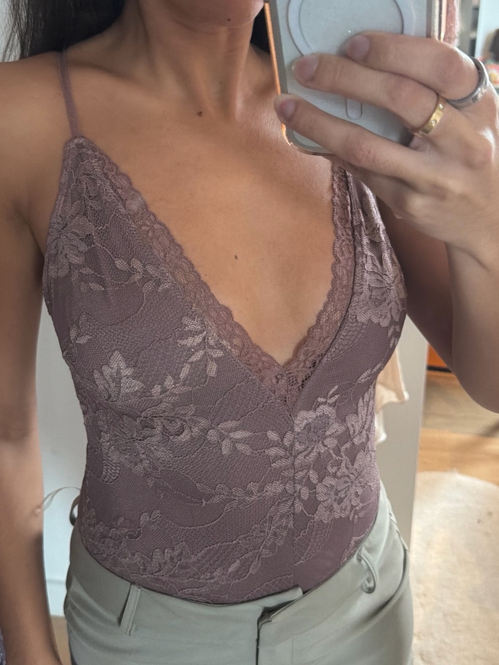 Lace V-Neck Bodysuit Tank Top - Mauve